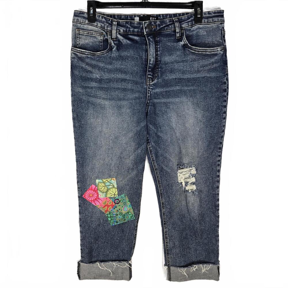 Kut From The Kloth Rachael Mom Jeans Size 16 High Rise Distressed Floral Patch
